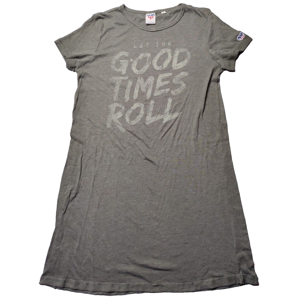 LET‎ THE GOOD TIMES ROLL Women Small Green JUNK FOOD RETRO T-Shirt Dress NEW